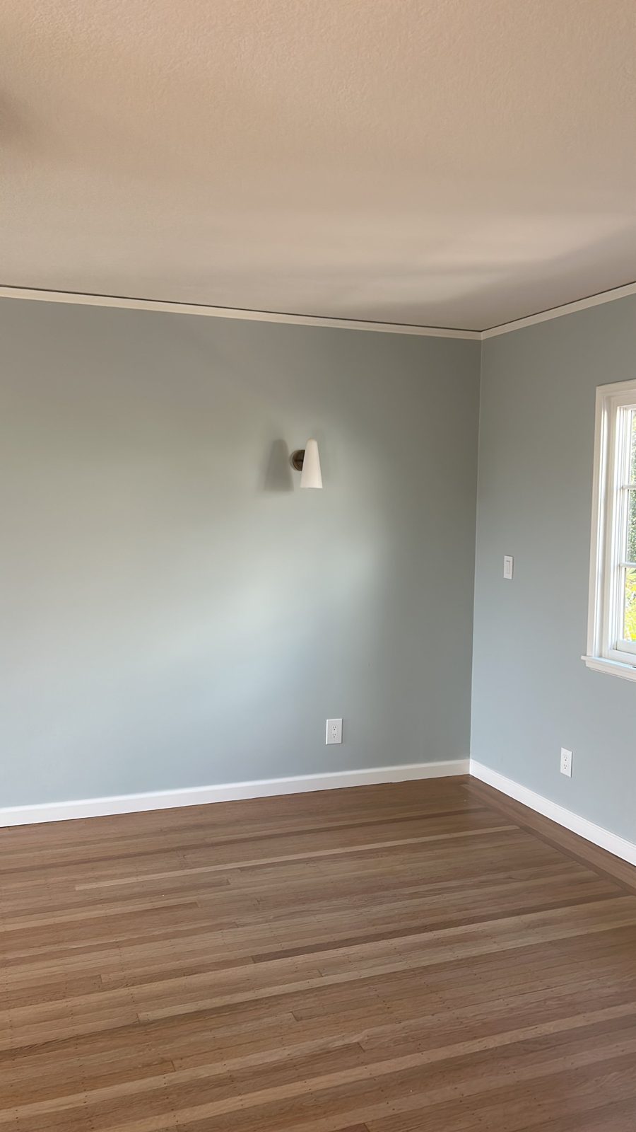 Bedroom in sage blue with white trim